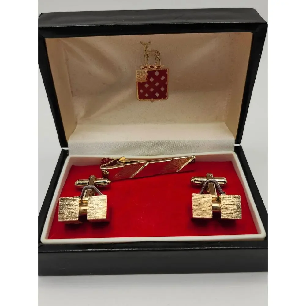 Vintage Brushed Gold Tone CuffLinks and Tie Clip, NEW OLD STOCK